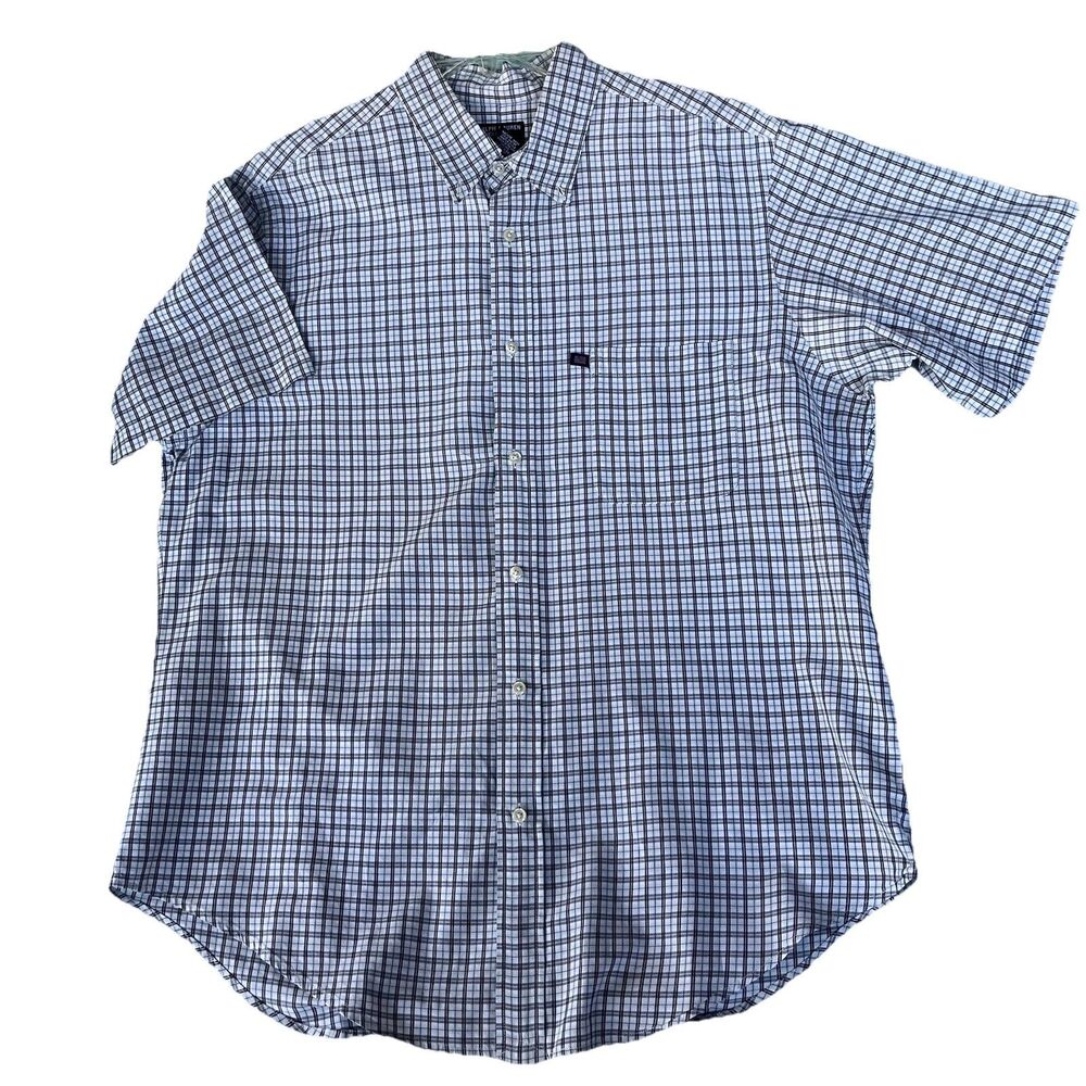 Ralph Lauren Jeans Co Shirt Men’s L Blue/Gr/Wh Plaid B Down SS Flag Logo Flaw